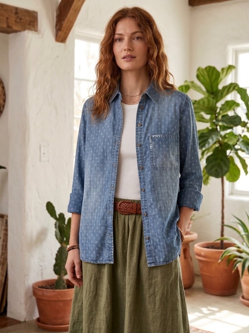 Bella Dahl Southwestern Patterned Chambray Denim Button Down Cuffed Shirt S